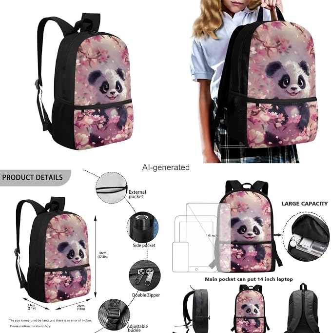 Cherry Blossom Panda Backpack for Girls Kids Backpack with Lunch Box Water Bottle Carrier and Aesthetic Pencil Case 4PCS Set Bookbag with Front Pocket for School 17 inch Large Cute School Bag - Image 3