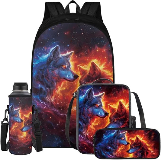 Galaxy Wolf Backpack for Girls Boys Backpack with Lunch Box Water Bottle Pouch and Zipper Pencil Pouch 4PCS Set Bookbag with Compartments for School 17 inch Large Capacity School Bag for Kids by ELEDIZI