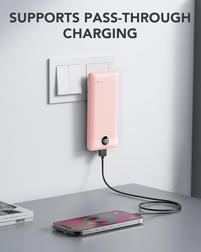 VRURC Portable Charger Built-in Cables and AC Wall Plug,USB C Power Bank 10000mAh, Travel Essentials Phone Charger Compact Lightweight External Battery Pack for Smart Phones, Tablets etc-Pink