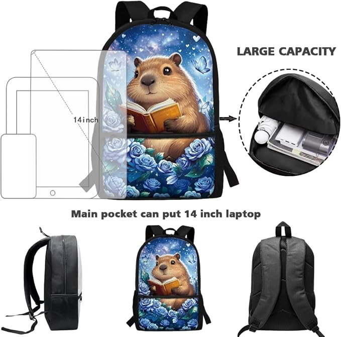 Cute Capybara Backpack Girls 4 Piece School Bag Set with Lunch Box and Pencil Case Kids Back to School Reading Animal Bookbag with Adjustable Padded Strap, 17 Inch - Image 4