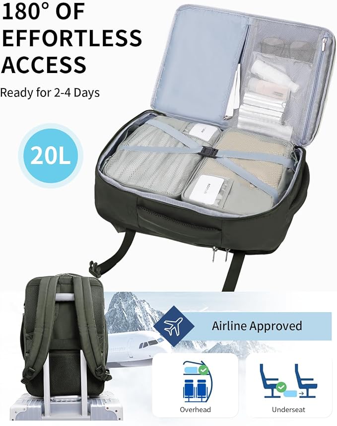 ECOHUB 17" Small Unisex Travel Backpack United Airlines Approved 17x10x9 Friendly Suitcase Anti-Theft Lockable Zippers Style Personal Item Bag Travel Essentials with 12 Pockets Water Resistant, Green - Image 3