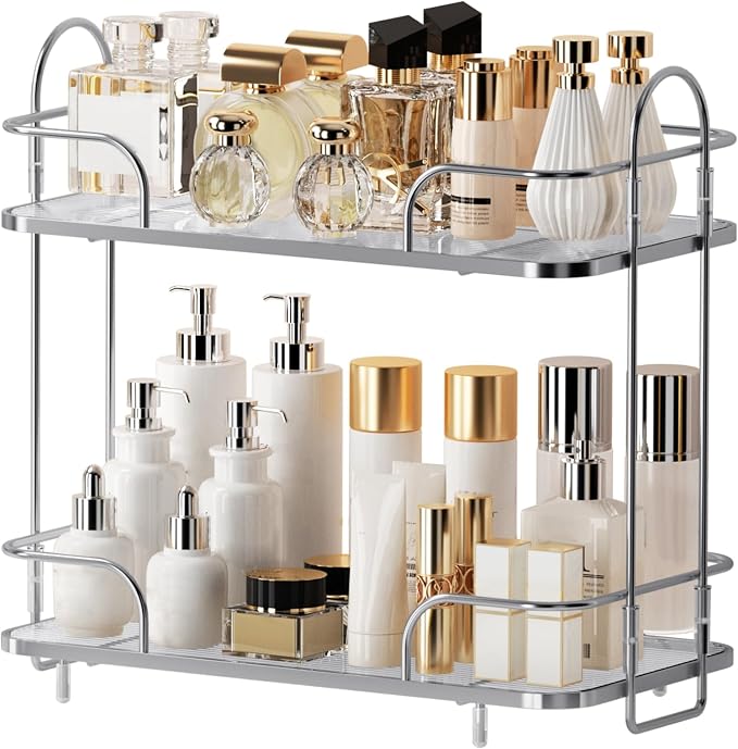 2 Tier Corner Bathroom Counter Organizer, Cosmetic Skincare ，Bathroom Countertop Perfume Tray Vanity, Kitchen Spice Corner Storage Shelf by Seoneiro