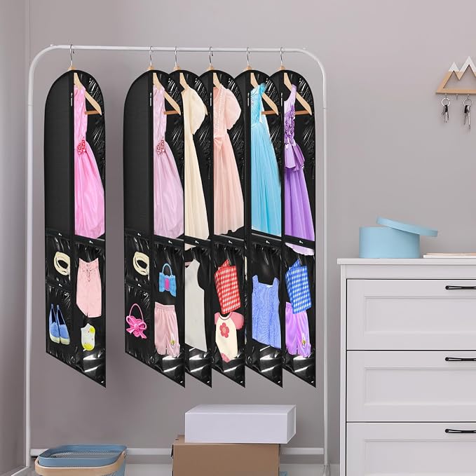 6 Pcs 24'' x 50'' Clear PVC Garment Bag Dance Costume Competition Bag with Rack Zippers Pockets Hanging Garment Covers Costume Organizer Costume Carrier for Adults Kids(Black) - Image 6