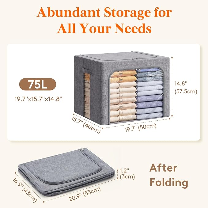 Lifewit Clothes Storage Bins with Metal Frame, Stackable Storage Box, Foldable Clothing Storage Bins with Lids, 75L Storage Bags Fabric Box Organizer with Clear Window＆ Zippers＆ Sturdy Handles 4 Pack - Image 4