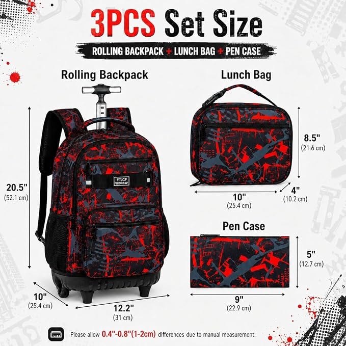 3Pcs Rolling Backpack for Boys, 19 Inche Adults Roller Bag with Wheels, Graffiti Wheeled Bookbag Set for Men(Red) - Image 4