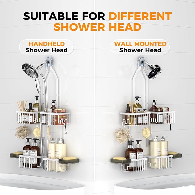 REINHARDT Aluminum Shower Caddy Hanging Adjustable Shower Caddy, Rustproof Hanging Shower Organizer with Hooks Soap Holders, Over Shower Head Caddy for Handheld Showerhead, White - Image 6