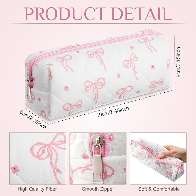 Paterr 10 Pcs Quilted Makeup Bag Bulk Cotton Floral Cosmetic Bag Women Girls Bridesmaid Gifts Cute Makeup Pouch Coquette Aesthetic Travel Toiletry Organizer(Pink Bow,7.48 x 2.36 x 3.15 Inches) - Image 2