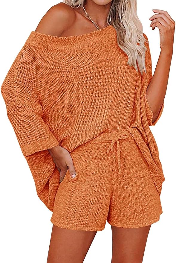 Ermonn Womens 2 Piece Outfits Sweater Sets Off Shoulder Knit Tops Waist Short Suits Casual Pajama Set by Ermonn