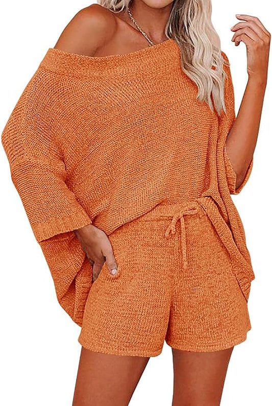 Ermonn Womens 2 Piece Outfits Sweater Sets Off Shoulder Knit Tops Waist Short Suits Casual Pajama Set by Ermonn