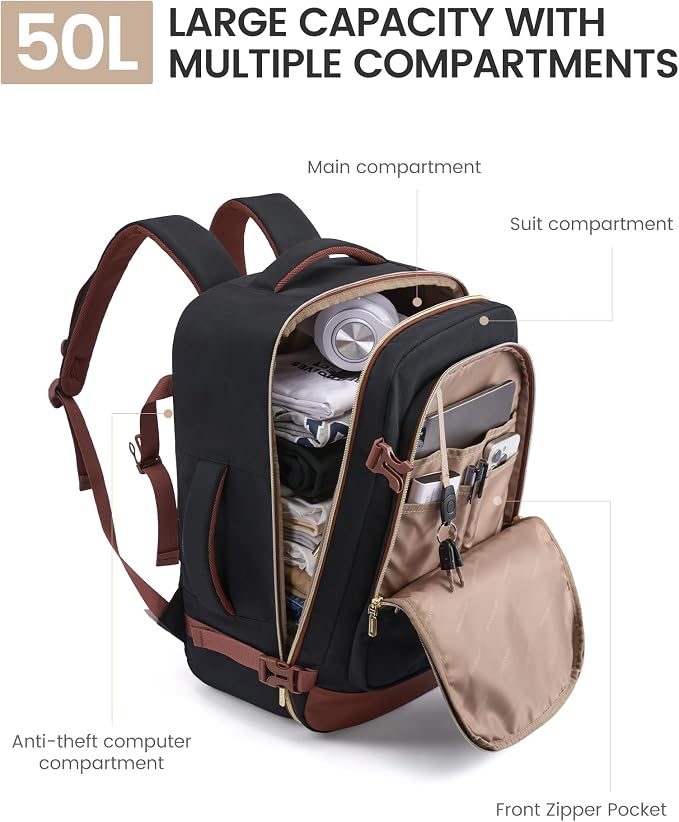 LOVEVOOK 50L Travel Backpack for Women Men with Garment Bag, Airline Approved Carry on Luggage Travel Essentials with 3 Packing Cubes, TSA Overnight Bags Weekender Essentials Backpacks fits 17" Laptop - Image 3