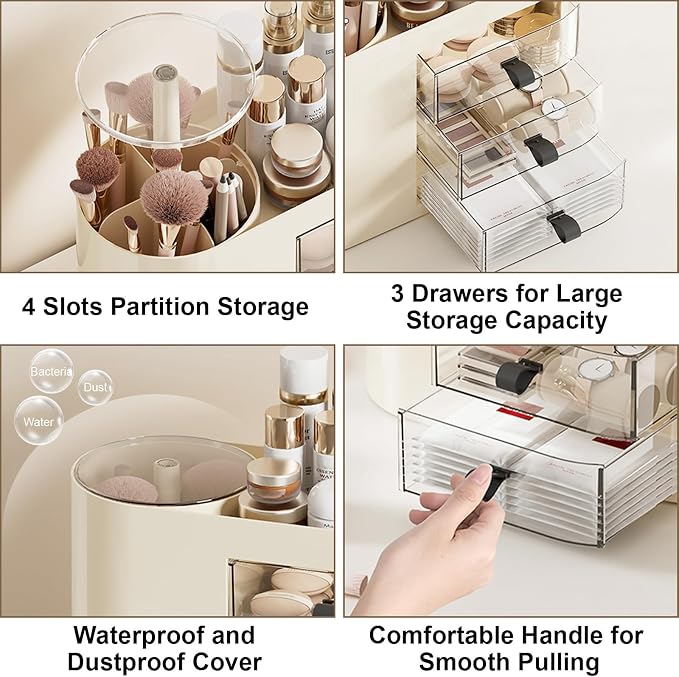 DASITON Makeup Organizer with 3 Drawers,Automatic Lifting Makeup Brush Holder with Lid,Large Capacity Makeup Organizers for Vanity,Bathroom Countertop,Ideal Storage Skin Care,Brushes,Lipstick (Cream) - Image 5
