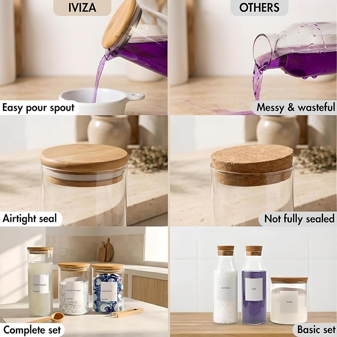 IVIZA Glass Laundry Detergent Dispenser & Storage Set – Liquid Detergent Pump, Fabric Softener Dispenser, Laundry Powder Jar & Dryer Sheet Holder – Complete Laundry Organization Set - Image 6