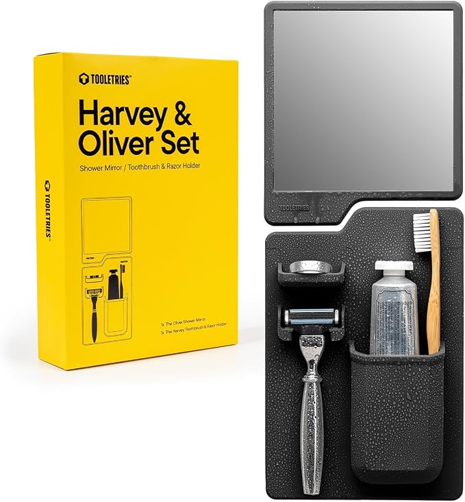 TOOLETRIES Harvey & Oliver, Shower Organizer & Shaving Mirror - Charcoal | Shower grooming station with a clear-view mirror and reusable organiser for everyday grooming. by TOOLETRIES