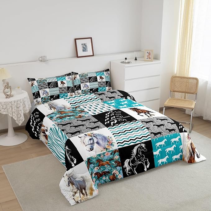 Horse Bedding,Western Farmhouse Horse Comforter Set For Girls Twin Bed,Boho Arrow Teal Zebra Stripe Comforter For Kids Boys Women,Rose Flower Rustic Cowboy Quilt Duvet sets 1 Pillowcases Black White - Image 4