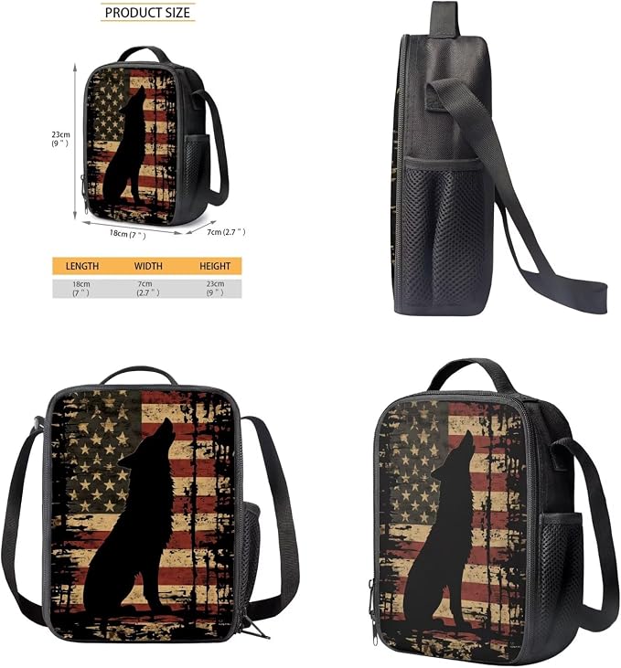 GIFTPUZZ 17 Inch Wolf American Flag Backpack Set Boys 8-10 | Polyester, Ergonomic Straps, 4 Piece, Lunch Box, School Backpack for Students - Image 5