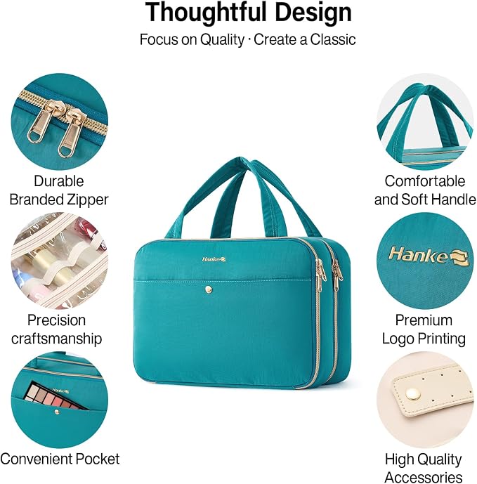 Hanke Hanging Travel Toiletry Bag with Jewelry Organizer, Turquoise Green | Large Capacity, Holds Full-Size Bottles, Water & Stain Resistant, 360° Swivel Hook, Trolley Sleeve, Women's Makeup Organizer - Image 5