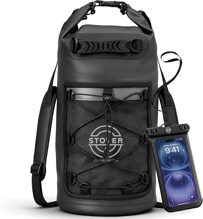 STOVER 5/10/25/30/40L Waterproof Dry Backpack & Phone Case- Large Floating Dry Bag for Kayaking, Travel, Hiking, Fishing, Camping, Motorcycles & Beach, Heavy-Duty Roll Top Men/Women (Black) by STOVER