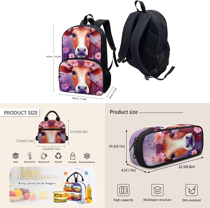 Purple Floral Cow Backpack with Lunch Box and Pencil Case Girls Comfy Padded Cute School Backpack Set of 3 Bookbag for Student Lightweight Large Capacity Daypack - Image 4