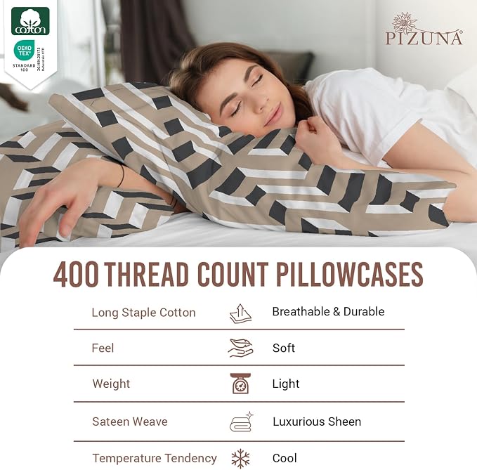 Pizuna Pure 100% Cotton Pillow Cases Queen Size (2 PC), Luxurious 400 Thread Count Long Staple Cotton Sateen with Stylish 4" Hem (Combed Mosaic Print Cotton) - Image 2