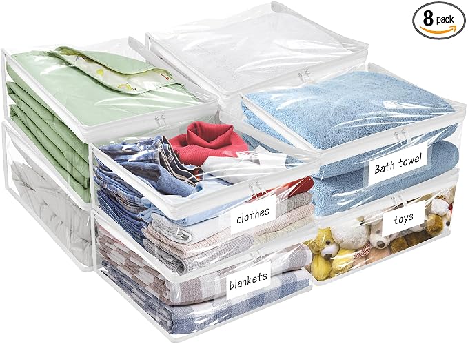 Kikerike Plastic Storage Bags with Easy-Glide Zipper, Pack of 8, Durable Clear Vinyl Zippered Storage Bags for Clothes Sweaters Comforters Blankets Sheets Bedding (21.6 x 13.7 x 12.4 Inch, White) by Kikerike