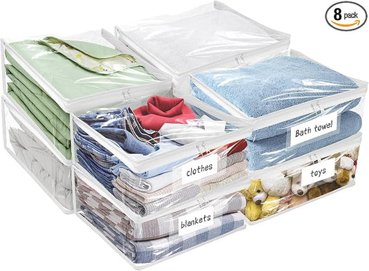 Kikerike Plastic Storage Bags with Easy-Glide Zipper, Pack of 8, Durable Clear Vinyl Zippered Storage Bags for Clothes Sweaters Comforters Blankets Sheets Bedding (21.6 x 13.7 x 12.4 Inch, White) by Kikerike