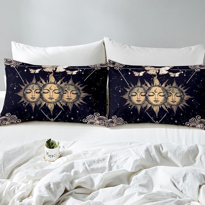 Sun and Moon Bedding Set Full for Women and Boys - Mandala Print Comforter Golden Death Moth Decor Duvet Cover Girls and Teens Starry Sky Bedspread Cover Moth Decor Collections - Image 5