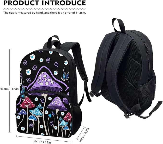 Mushroom Backp 4 Pcs Purple Mushroom Hippie Flower School Bag Set with Lunch Box Water Bottle Bag Pencil Case Durable Casual Travel Ruckpack for Boys Girls Kids Teens - Image 2
