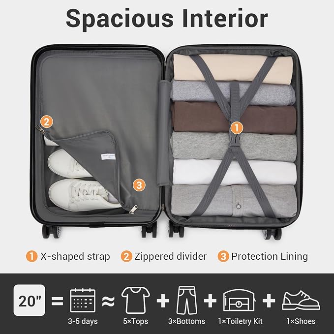 Kono Carry On Luggage 22x14x9 Airline Approved with Spinner Wheels | Lightweight PC+ABS 20 Inch Luggage with TSA Lock,Expandable Hard Shell Carry On Suitcases for Men Women,Grey - Image 8