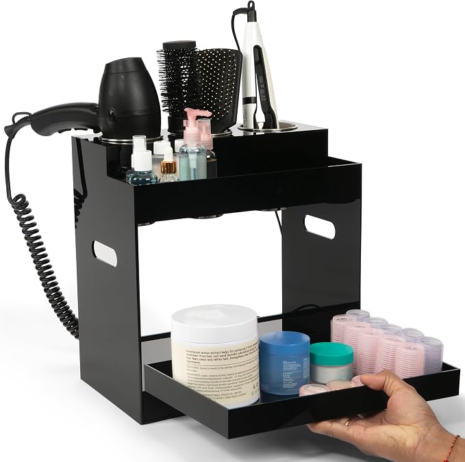 Hair Tool Organizer Countertop Extra Wide Bay | Bathroom & Hot Tools Organizer For Hair | Hairdryer Holder For Bathroom Vanity | Hot Tools Storage for Curling Iron Straightener, 3 Stainless Cups Black - Image 2