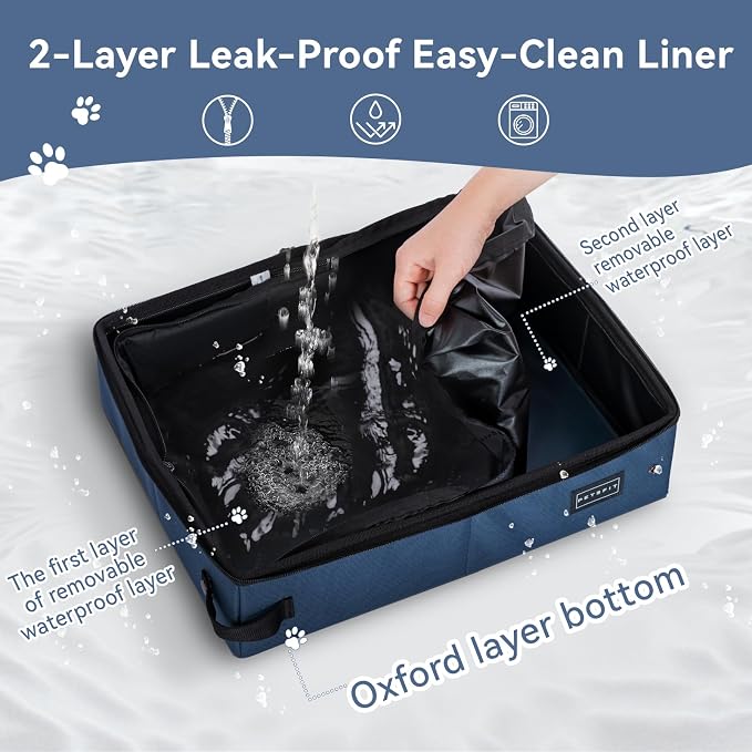 PETSFIT Portable Travel Cat Litter Box with Lid – Collapsible, Leak-Proof & Washable 2-Layer Lining, Sturdy Support Frame, for Hotel/Car/Camping, Cat Travel Essentials for Kitty/Medium Cats Light Blue - Image 3