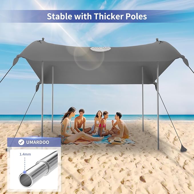 UMARDOO Family Beach Tent Canopy Sun Shade Portable, Large Compact Beach Sun Shelter Easy Setup with Packable Bag for Outdoor Travel (Grey, 10X10 FT. 4Poles) - Image 5