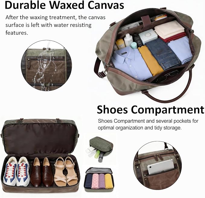 Waxed Canvas Duffel Bag with Shoe Compartment | 3-Piece Oversized Weekender Set Genuine Leather Trim Vintage Travel Carry-On Overnight Bag - Image 3