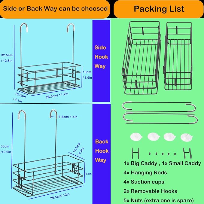 2pcs Single-Layer Shower Caddy Hanging Shower Orangizer Stainless Steel Shower Rack with Hooks Over The Door, Shampoo Basket Storage (Black) - Image 6
