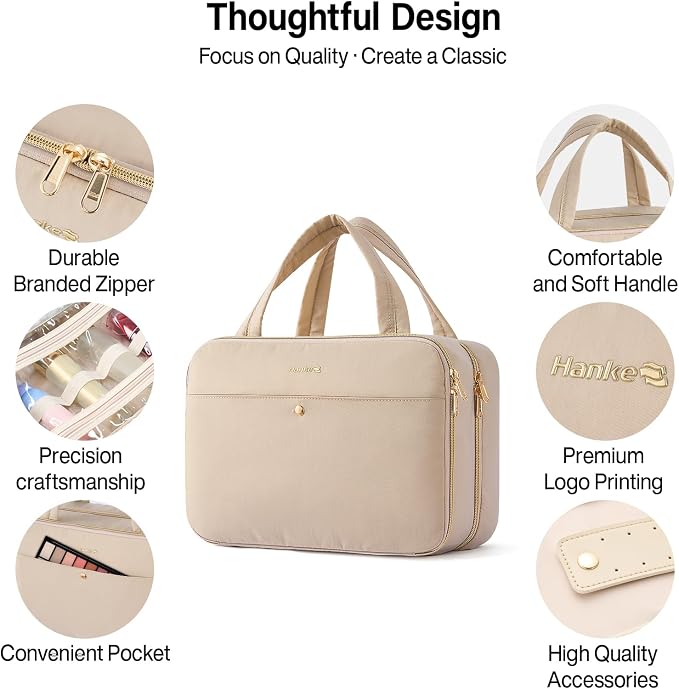 Hanke Hanging Travel Toiletry Bag for Women with Jewelry Organizer Compartment, Travel Essentials Toiletries and Makeup Bag, Water-Resistant & Stain-Resistant with Trolley Strap (Apricot) - Image 5