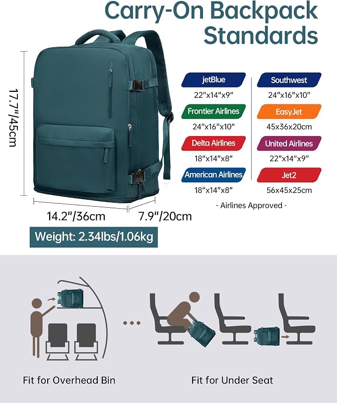 Carry on Travel Backpack for Women Men Large Hiking Laptop College Backpacks Personal Item Bag Waterproof Lightweight Backpack Flight Approved Mochilas de Viaje for Weekender Business,Peacock Blue - Image 2