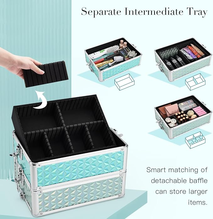 Professional Rolling Makeup Train Case 4 in 1 Aluminum Trolley Case with 360° Rotation Wheels for Makuep Artist Cosmetic Suitcase Organizer with Lock and Key Diamond Pattern - Turquoise - Image 4