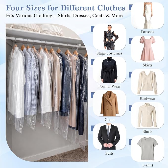 200 Packs Garment Bags for Hanging Clothes, 35"/40"/60"/70" Clear Plastic Dry Cleaner Bags for Shirt, Long Dress, Coat, Closet Storage, Waterproof Dustproof Suit Covers for Closet Travel Moving - Image 4