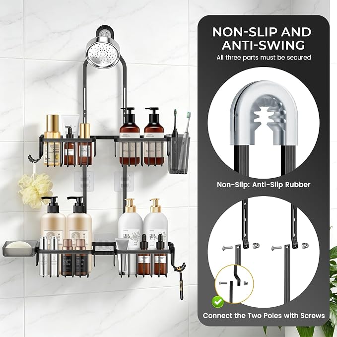 Adjustable Hanging Shower Caddy for Handheld Showerhead, Rustproof Aluminum Over Shower Head Organizer, Renter-Friendly No-Swing Storage for Tall Bottles & Soap, 2-Tier, Black - Image 6