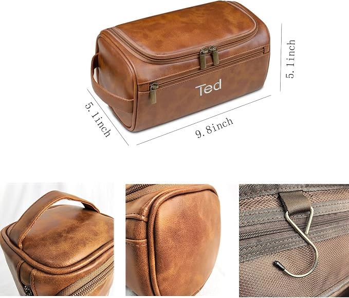 GOPHIE Personalized Embroidered Men's Leather Toiletry Bag,Travel Toiletry Bag for Men,PU Leather Waterproof Travel Shaving Dopp Kit (1, Light Brown) - Image 2