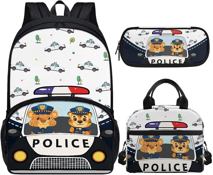 Police Car Kids Backpack Boys 3 Piece School Bag Set for Girls 4-6 with Lunch Kit and Pencil Pouch Backpack for 1 Grade Toddler Bookbag by Vanideaoty