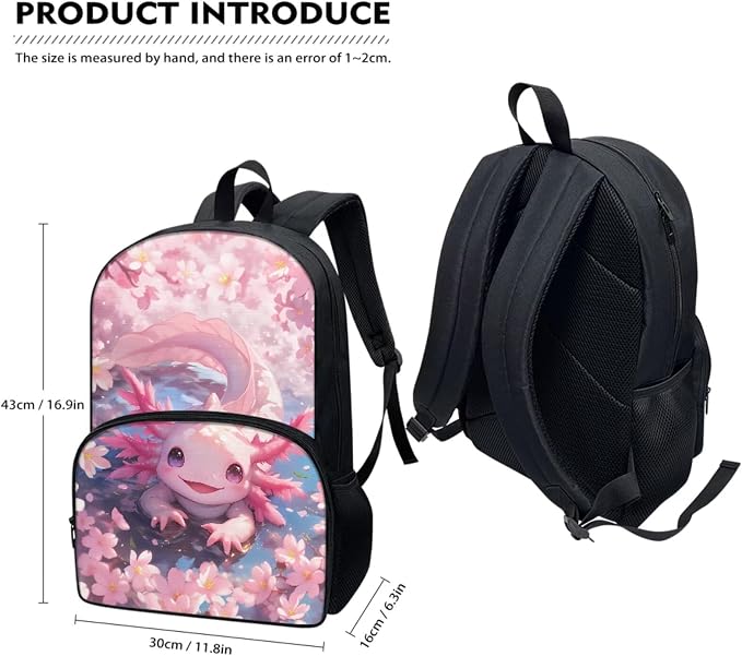 Axolotl School Backpack for Girls Kids Bookbag with Lunch Box and Pencil Pouch Set 3-in-1 Teen Girl Bookbag Back to School Backpack School Shoulder Bag - Image 2