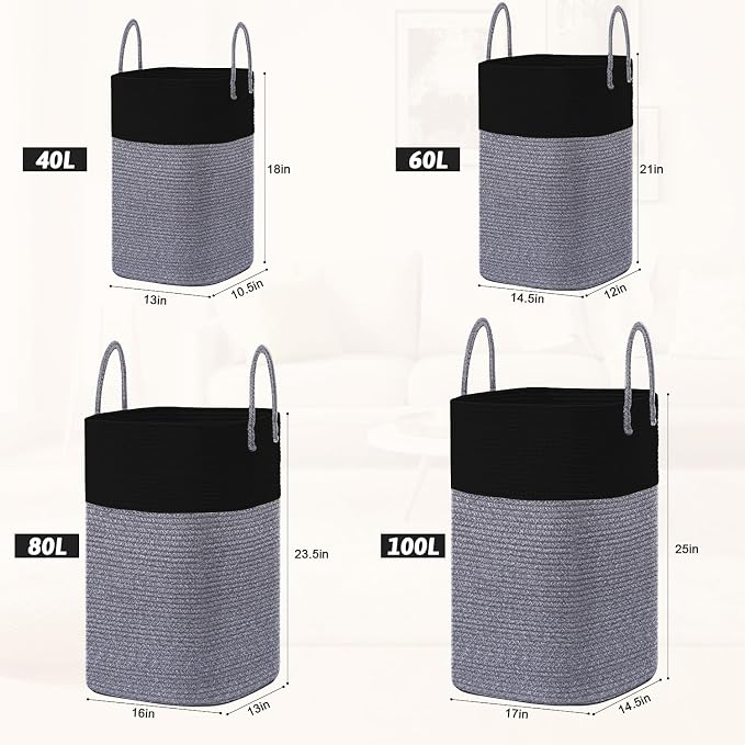 Laundry Basket,Woven Cotton Rope Laundry Hamper,Versatile Storage for Dirty Clothes,Baby Toys,and Blankets in Bathroom, Nursery,and Living Room (Black, 60L) - Image 3