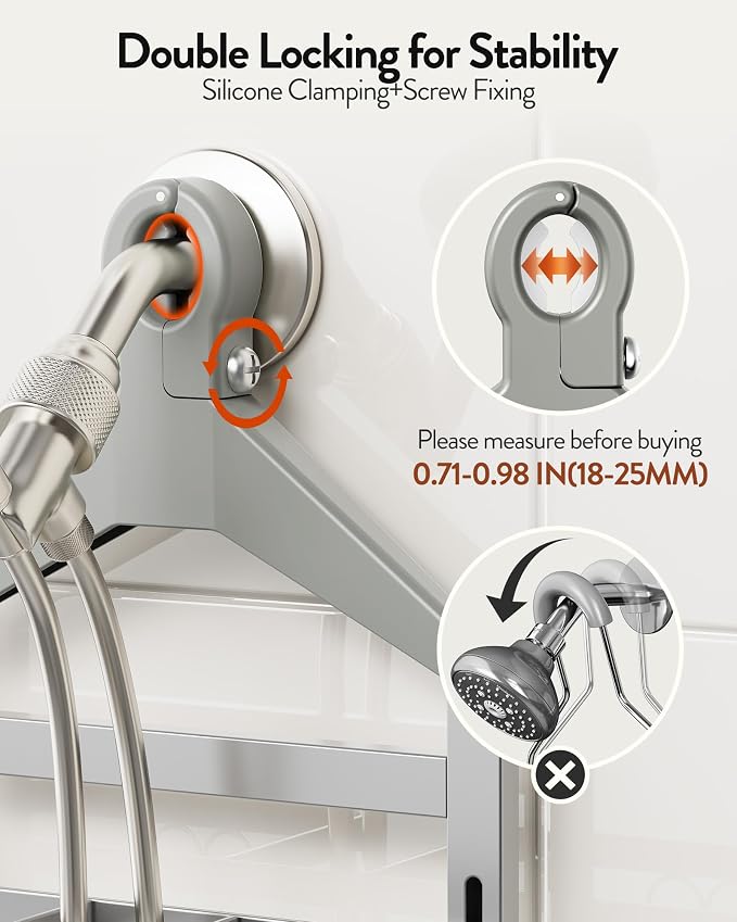 Orimade Adjustable Hanging Shower Caddy for Handheld Shower Heads, Rustproof Bathroom Shelf Organizer Over Showerhead Storage Rack with 8 Hooks, Easy-Clean Removable Baskets & Triple Anti-Slip, Silver - Image 2
