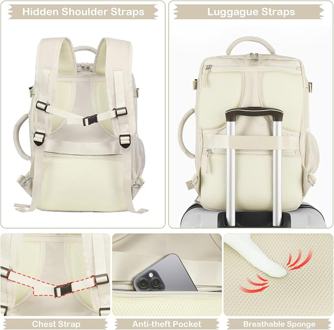 Hanples Travel Backpack for Women, 17 Inch Waterproof Laptop Backpack | 40L Large Carry on Backpack, TSA Flight Approved Anti Theft Travel Bag, Casual Daypack with 2 Toiletry Bags for Trips, Beige - Image 7