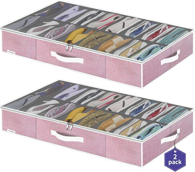 Onlyeasy Large Under Bed Shoe Organizer Container Box, Set of 2, Fit 16 to 32 Pairs of shoes, Underbed Shoes Closet Storage Solution, L37.7x W23.6x H5.9 inch, Cotton-like Pink, MXPUBS16P2 by Onlyeasy