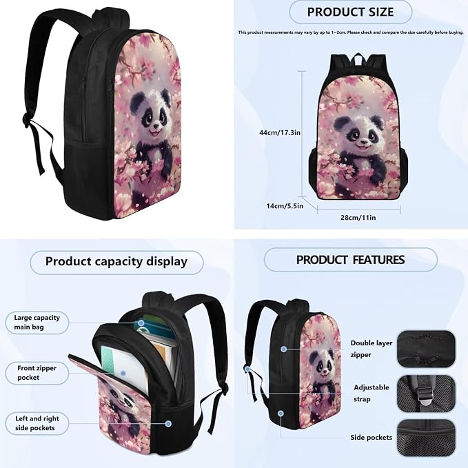 Cherry Blossom Panda Backpack for Girls Kids Backpack with Lunch Box Water Bottle Carrier and Aesthetic Pencil Case 4PCS Set Bookbag with Compartments for School 17 inch Large Cute School Bag - Image 4