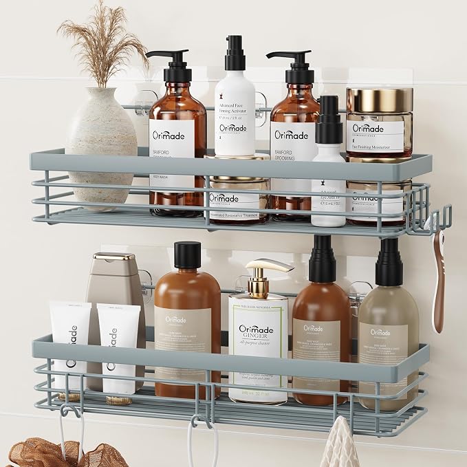 Orimade Shower Caddy with 5 Hooks for Hanging Razor and Sponge Adhesive Shower Shelf Basket Bathroom Storage Organizer Kitchen Rack No Drilling Stainless Steel Rustproof - 2 Pack, Light Blue Grey by Orimade