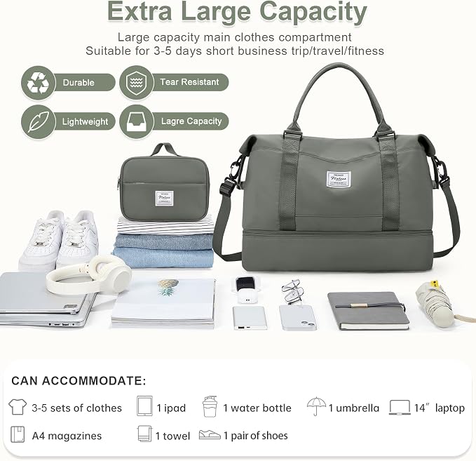 Large Weekender Bags for Women, Travel Duffel Bags with Shoe Compartment,Personal Item Travel Carry on Overnight bag for women Travel Set,Olive Green2 - Image 3