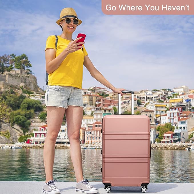 Kono 24 Inch Luggage Suitcase with Spinner Wheels TSA Lock | Lightweight PC+ABS Hardside Medium Checked Luggage Durable Rolling Suitcase Nude/Rose Pink - Image 2