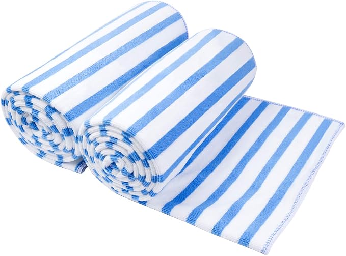 JML Microfiber Beach Towels Cabana Stripe, 2 Pack, 30" x 60", Quick Drying Bath Towel Set for Adult, Absorbent, Use for Travel, Sport, Swimming, Pool, Yoga, Camping, Micro Fiber StripeBlue by JML